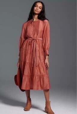 Mare Mare Anthropologie Boho Midi Dress Small Terracotta Rust Tiered Pintuck Tie
